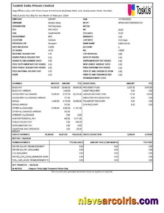 TaskUS India payslip